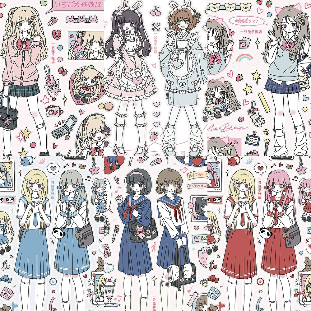 A rabbit hand account, original character sticker, cute JK uniform girl die-cut decorative sticker hand account material
